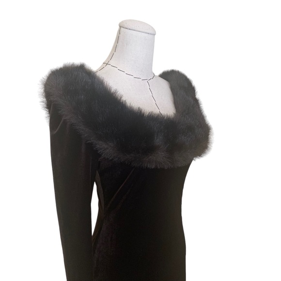 Vintage 90s Chocolate Brown Stretch Velvet Faux Fur Collar Maxi Dress Small - Picture 9 of 12